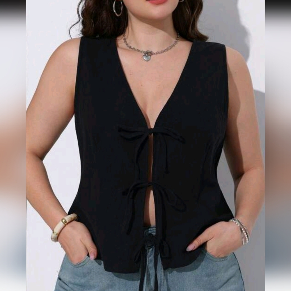 Shein Curve EZwear Sleeveless 3 Front Tie Front Vest Top, 2XL (16), Black